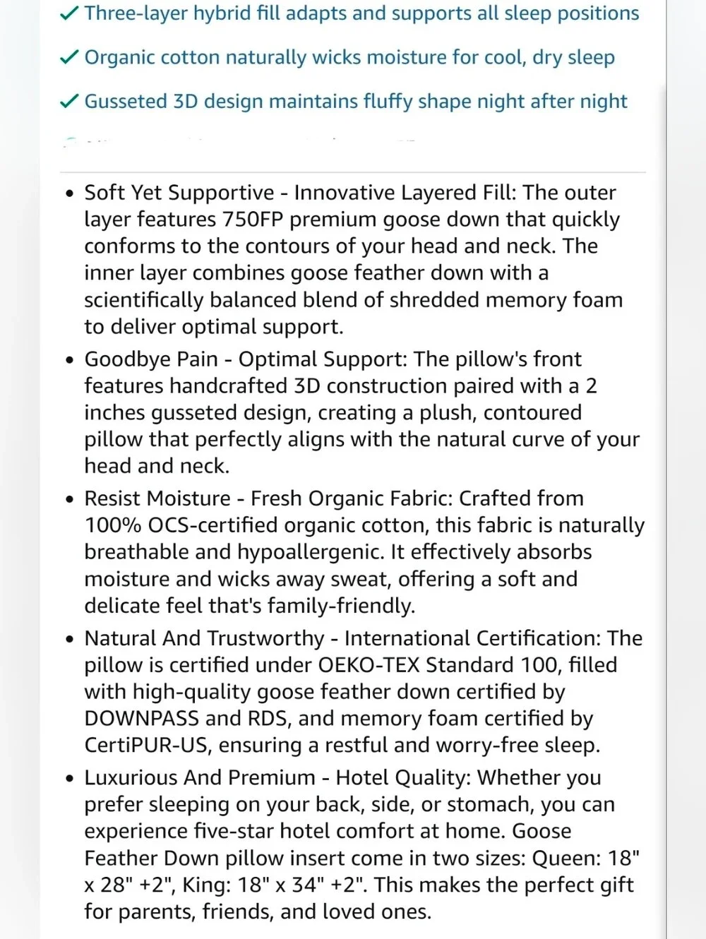 NIB Set of 2! Pinch-Pleat Down Hybrid Pillows KING  Size